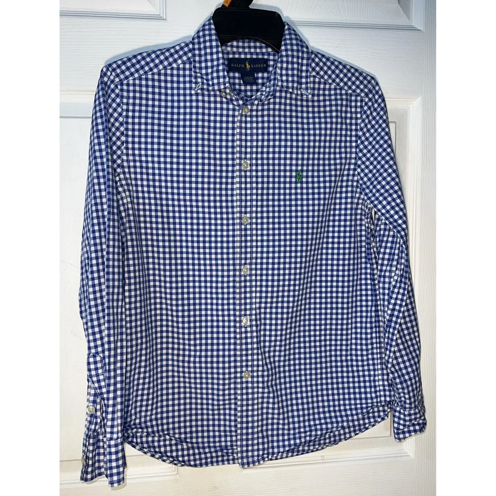 Ralph Lauren Size L 14-16 Blue & White Checked Boys Button-Down Logo Shirt